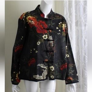 CHICO’S SZ 1 Asian CRANE floral Chic Artto-wear Japanese Cotton Jacket